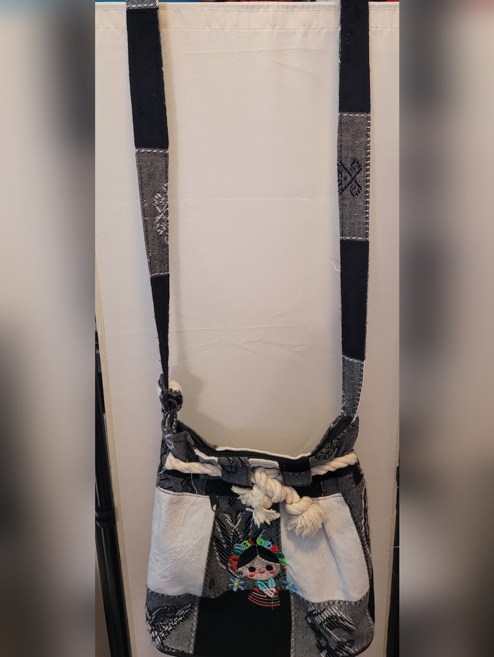 Embroidered Boho Crossbody Bag in Black & White